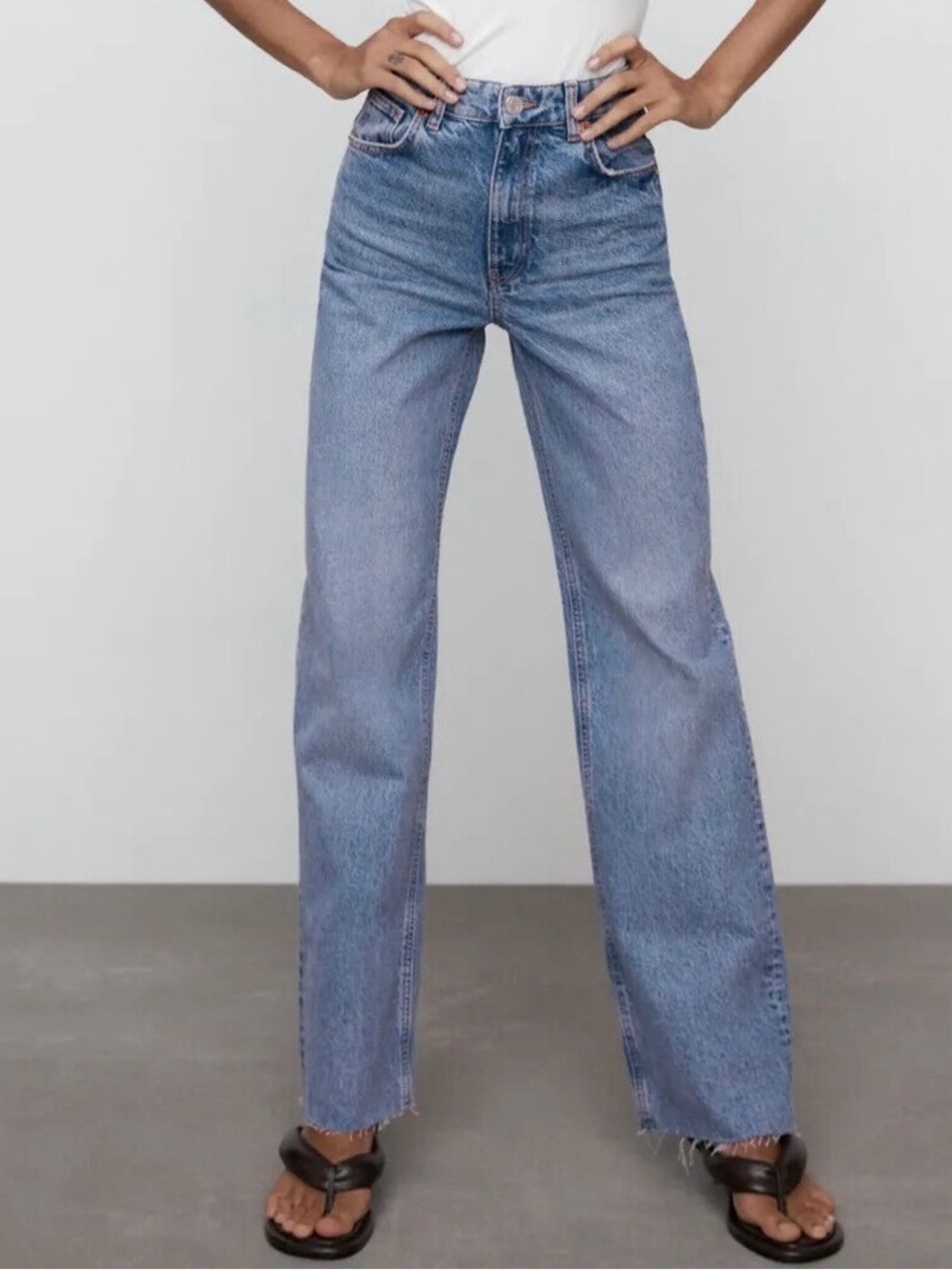 Zara Wide High Leg Raw Hem Jeans